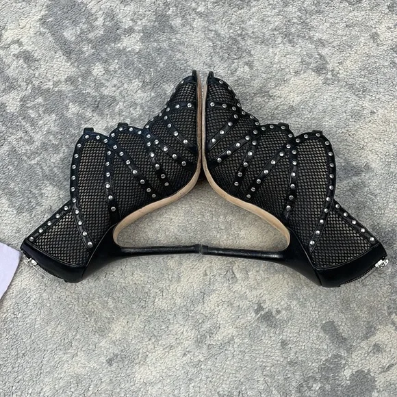 SOLD Jimmy Choo Karina Black Fishnet Studded Calf Leather Cage Heels with Box 37 - Picture 9 of 16